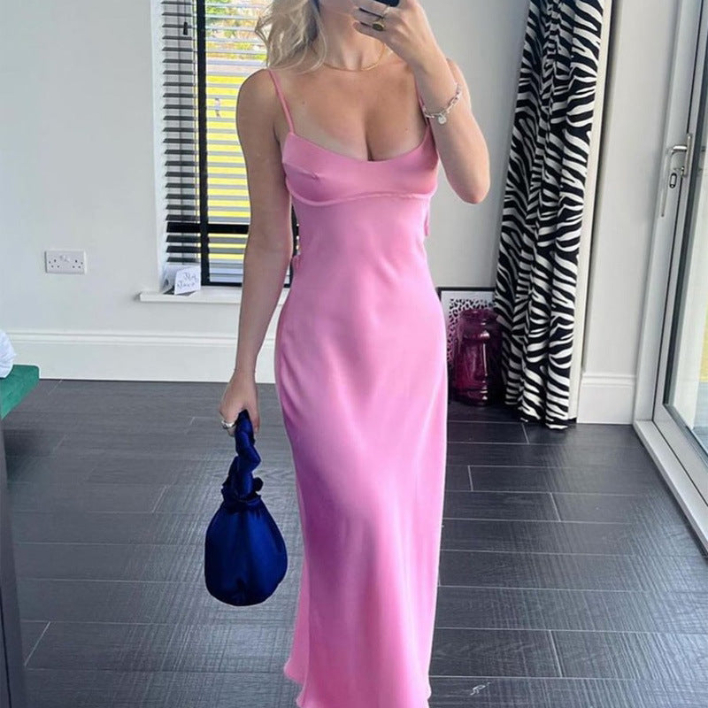 Elegant Women’s Satin Camisole Maxi Dress – Sleeveless, Backless Slip for Summer Events