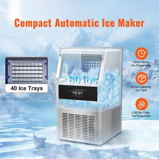 VEVOR Commercial Ice Maker – 80lbs/24H Production | 24lbs Storage | Quiet, Freestanding Stainless Steel Ice Machine with LED Display, Drain Pump & Self-Cleaning – Perfect for Bar, Restaurant, Home