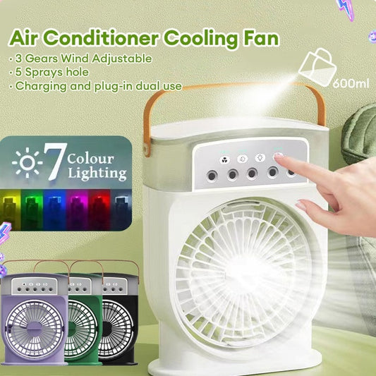 Portable USB Air Conditioner Cooling Fan – 5 Sprays | 7-Color LED | 600ML Tank | Ultra-Quiet Cooling