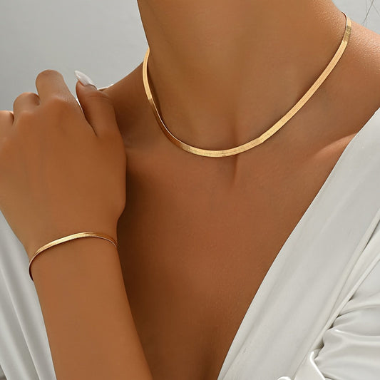2-Piece 18K Gold Plated Snake Chain Necklace & Bracelet Set – Elegant & Versatile Jewelry