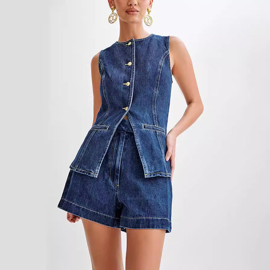 Denim Sleeveless Women’s Casual Suit – Jacket, Shorts, or Full Set Option