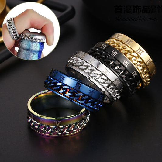 Roman Numeral Rotatable Chain Ring – Titanium Steel Spinner Bottle Opener Ring for Men & Couples