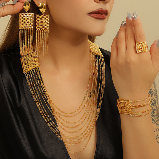 Elegant 5-Piece 18K Gold-Plated Jewelry Set – Tassel Multi-Layered Design for Weddings & Special Occasions