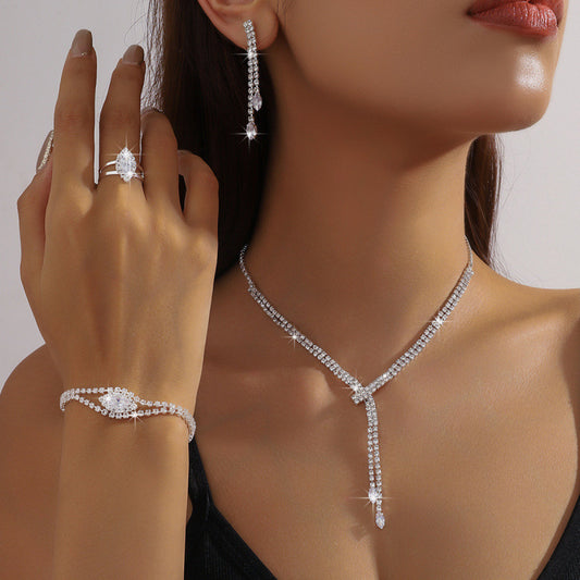 Elegant Silver Rhinestone Jewelry Set – Necklace, Earrings, Bracelet & Ring
