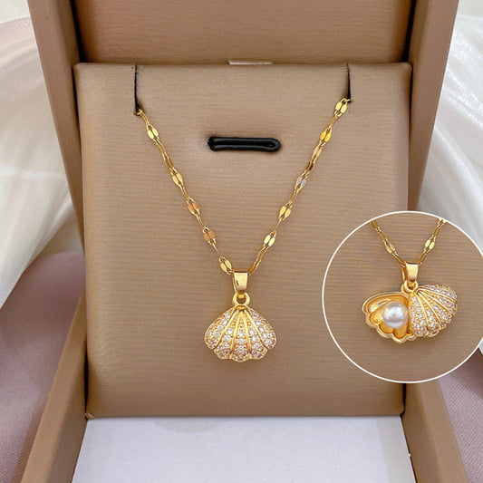 Shell Pearl Rhinestone Necklace – Elegant U-Shaped Zircon Chain for Women