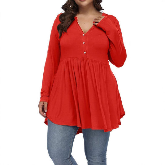 V-Neck Buttoned Pleated Long Sleeve Plus Size Top for girls