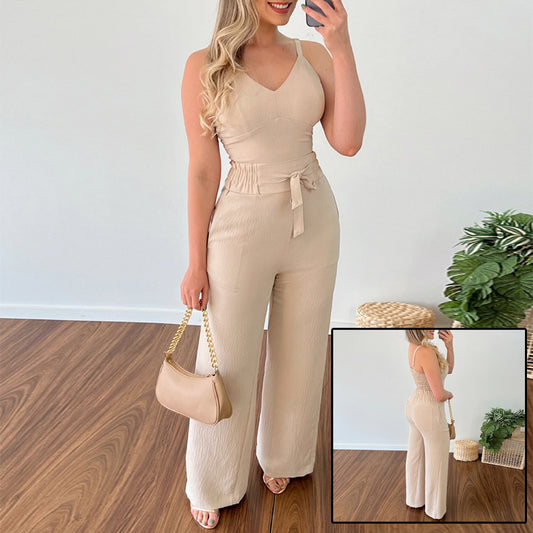 Women’s Pleated Two-Piece Pants Set – V-Neck Spaghetti Strap Vest & Wide-Leg Trousers